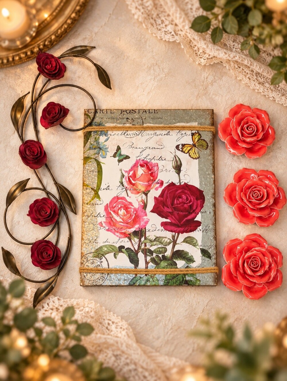 5 Pc Rose Wall Decor Set Vintage Botanical Metal Ceramic Floral Cottagecore